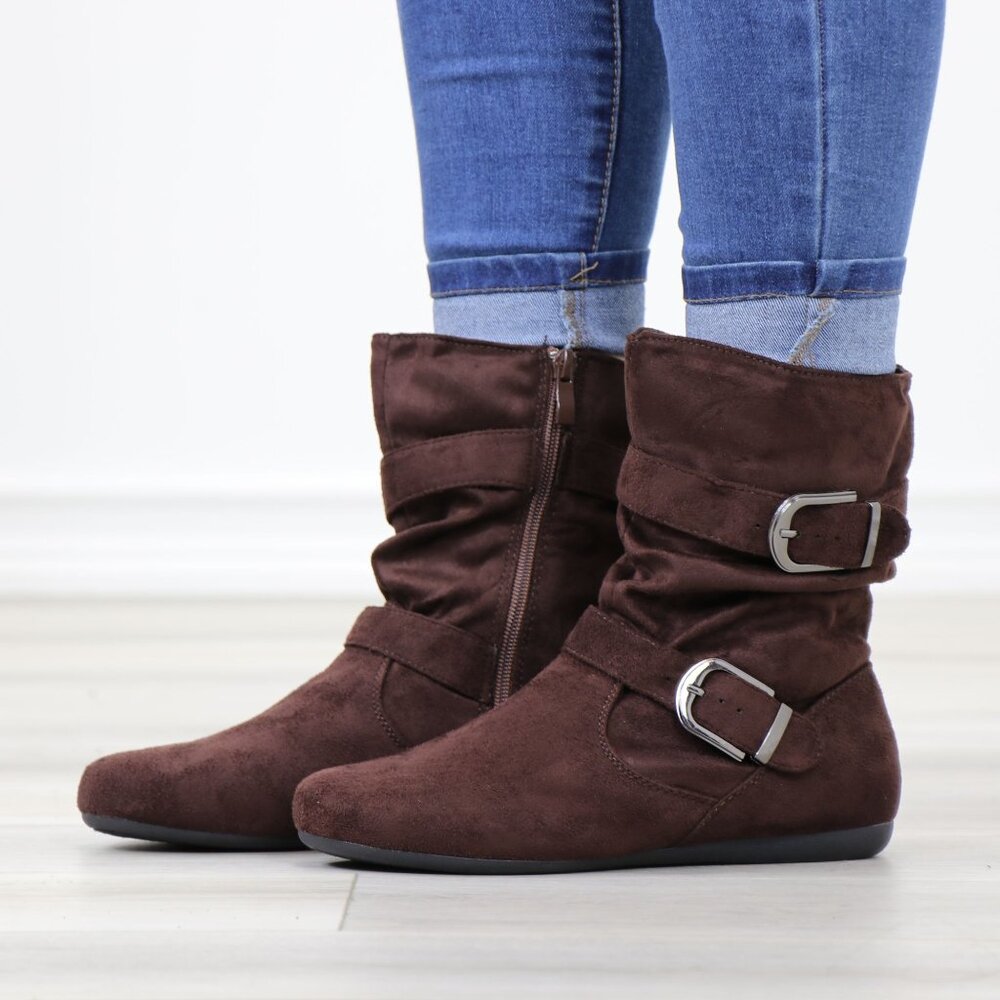 Brown Suede Ankle Boots Buckle Strap Slouched Shaft Faux Suede Flat Sole
